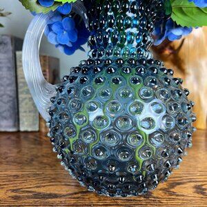 Blue Hobnail Glass Pitcher Czech Bohemian Moonstone Style NWT